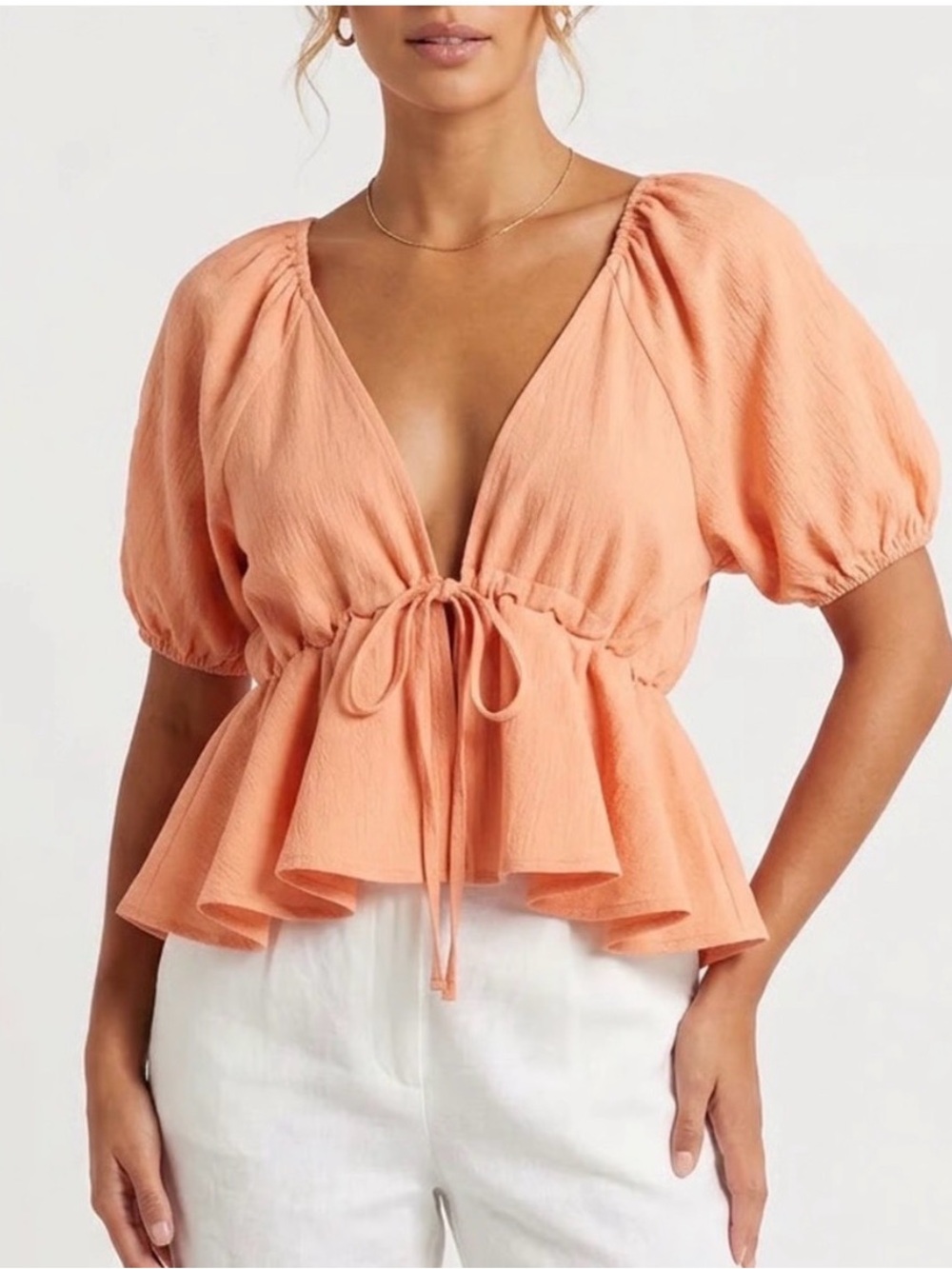 NWT- Remidoo Mauve Tie-Front Peplum Puff Sleeve Blouse